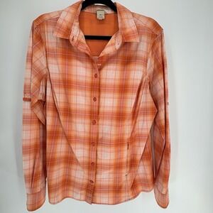 Duluth Trading Shirt Womens XL Orange White Plaid Button Up Stretch Outdoor
